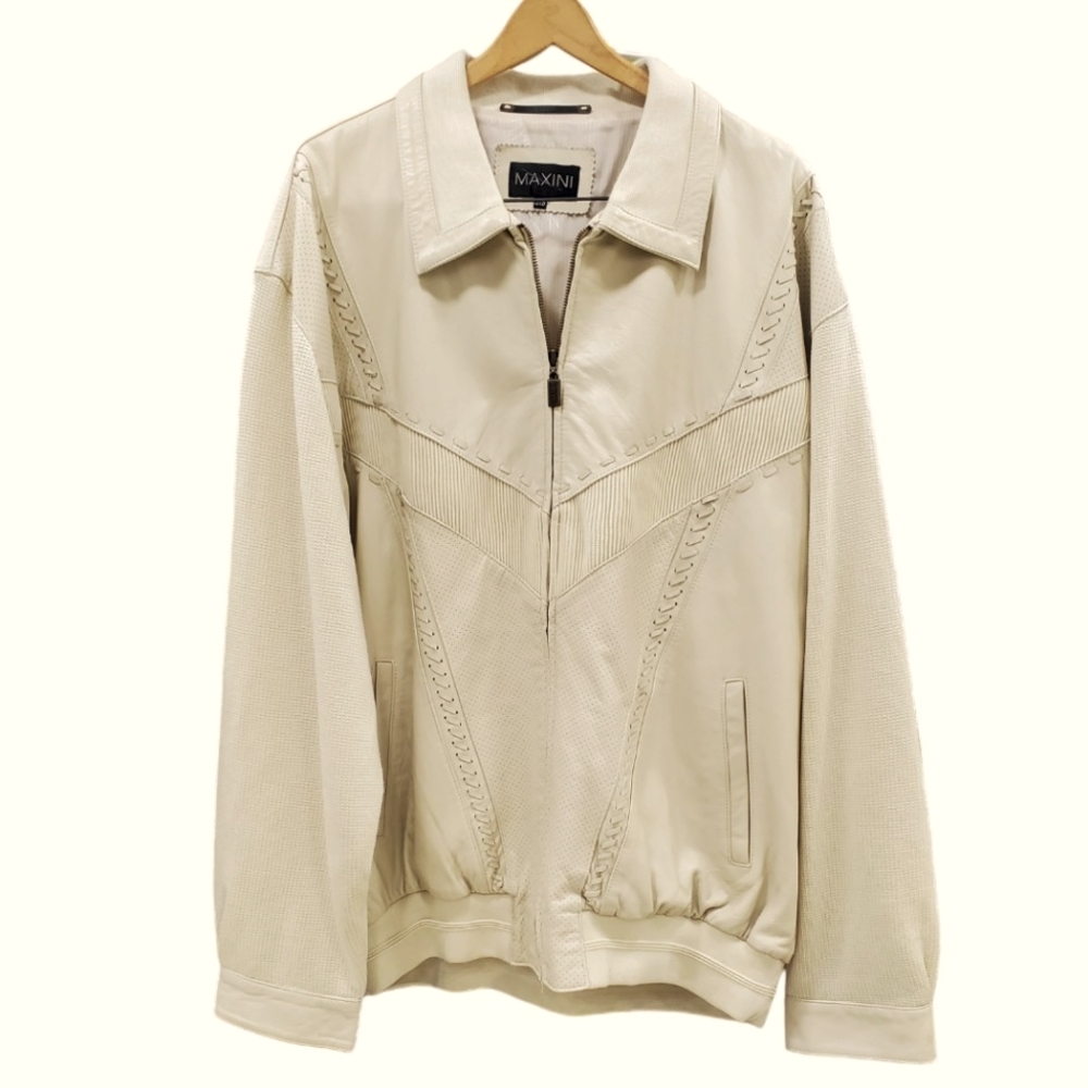 Maxini Collezione leather mixed media bomber jacket men's 3XB cream fully lined